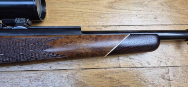 Superbe carabine de chasse Mauser 66 S - Calibre 7x64 -  Noyer veiné de haute qualité -  Inserts ébène et os  - Quadrillage manuel - Stetcher à l'allemande (deux détentes) - Lunette AKAH 6 x 42 / 46 à corps acier en réticule N°1 - TBE / TBE+ – Image 9
