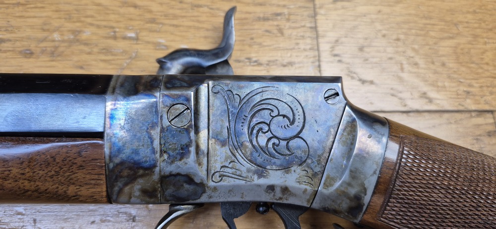 Très belle reproduction de Carabine de précision Edwin Wesson - Modèle vers 1845/49 - Cal .50 - Fabrication Italienne Moffra di Mainardi pour Hege en Allemagne - Arme poudre noire réputée pour sa précision longue distance - Très belles finitions - Jaspage à 90% - Bois en TBE - Très beau canon - Excellente mécanique - Arme de 1978 - Superbe et rare dans le monde poudre noire- TBE++ – Image 35